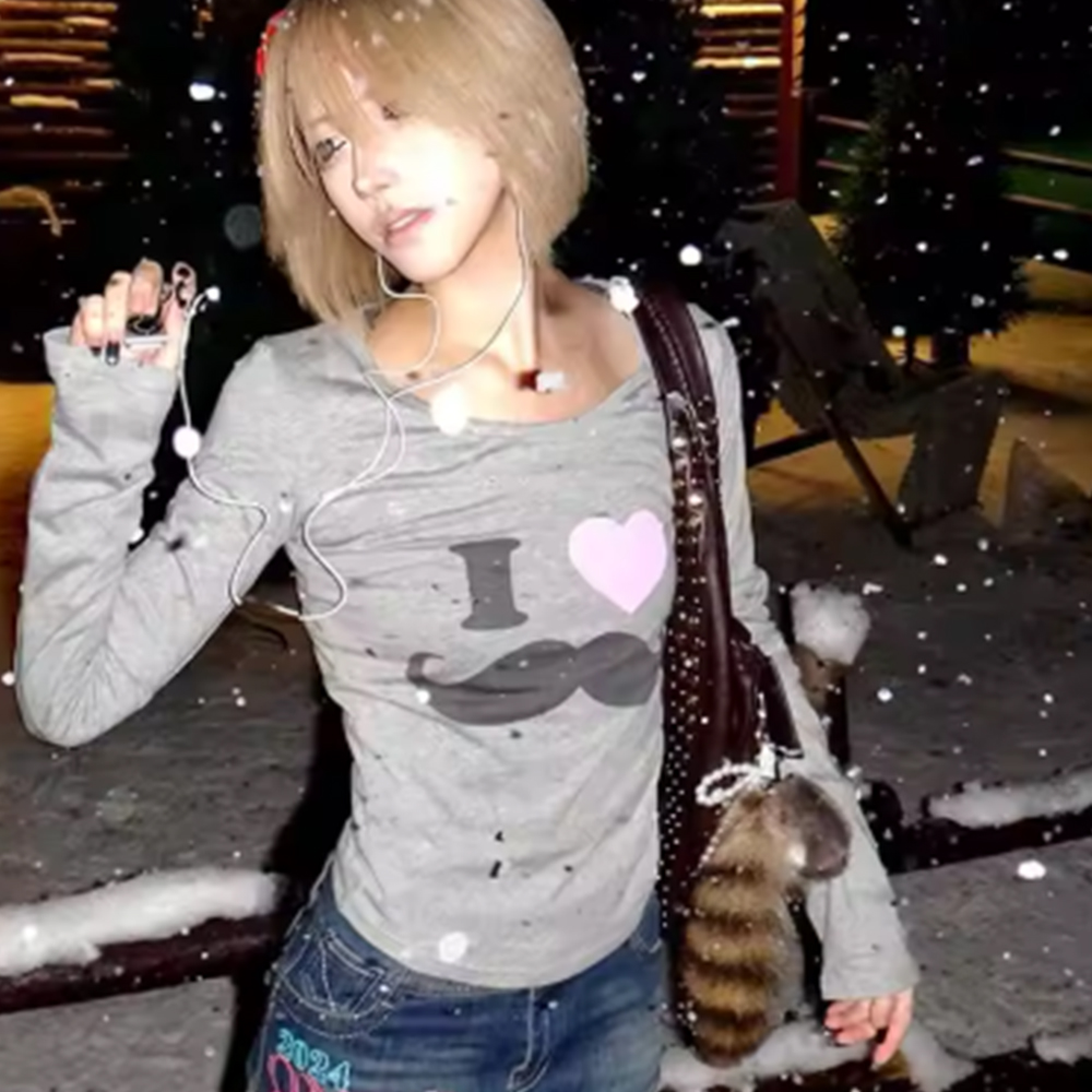 Street Fashion Dance - Japanese Y2K Beard Print T-Shirt Vintage