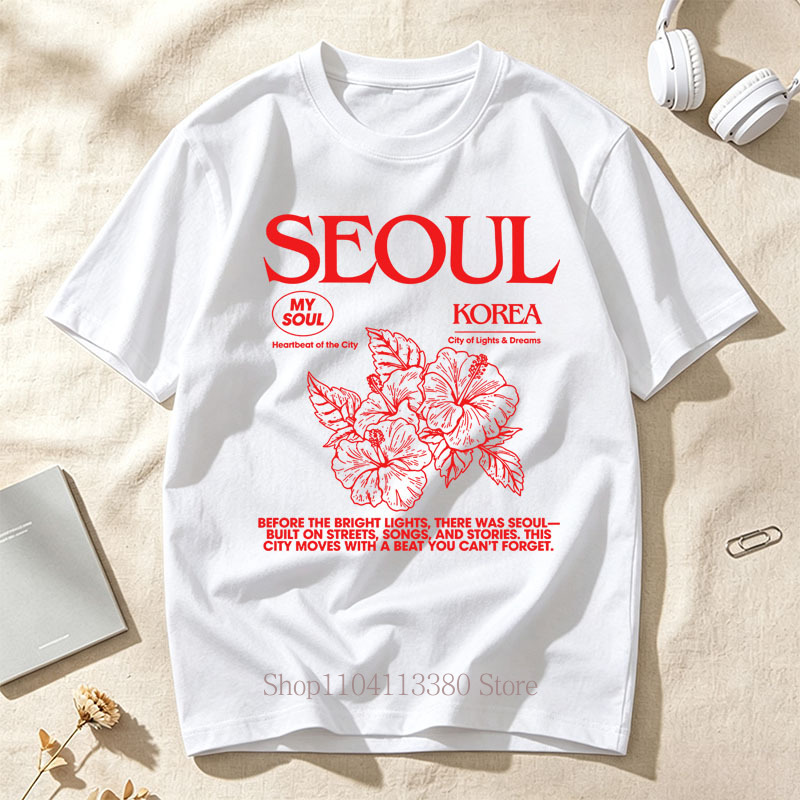 Street Fashion Of Seoul - Korean Style Seoul Hibiscus Print T-shirts